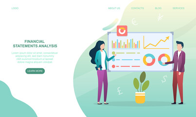Poster - Male and female characters are analysing financial statements. Man and woman examine board with financial infographics. Website, web page, landing page template. Flat cartoon vector illustration