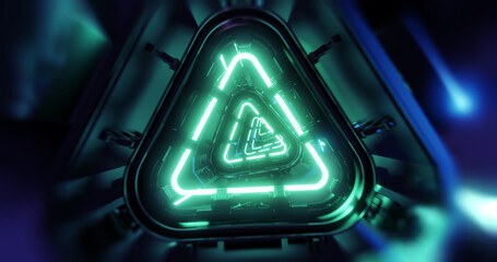 Poster - futuristic tech abstract green and blue neon rollercoaster tunnel. cyber city glowing neon light abs