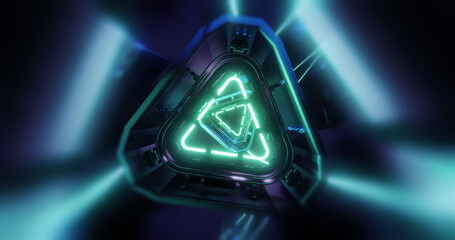 Poster - futuristic tech abstract green and blue neon rollercoaster tunnel. cyber city glowing neon light abs