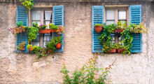 Vintage, Traditional Italian House Wall With Old Blue Window Shutters And Many Plant Pots. Typical European Postcard View.