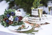 Winter Style Wedding Cake. Rustic Style.  Wedding In Winter. Wedding Decor, Cake, Glasses, Champagne, Plates.