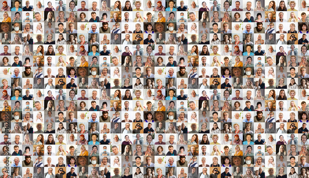 Hundreds of multiracial people crowd portraits headshots collection, collage mosaic. Many lot of multicultural different male and female smiling faces looking at camera. Diversity and society concept - obrazy, fototapety, plakaty 