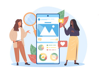 Poster - two female characters are analysing social media. social media marketer analyzes her clients adverti