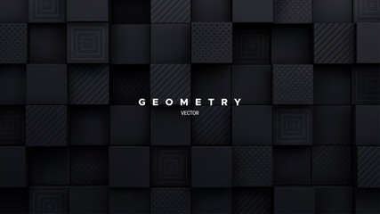 Poster - Black mosaic background. Random cubes backdrop