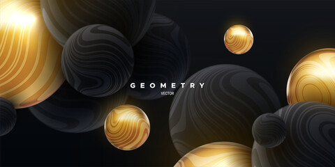 Poster - Black and golden flowing spheres textured with wavy striped pattern