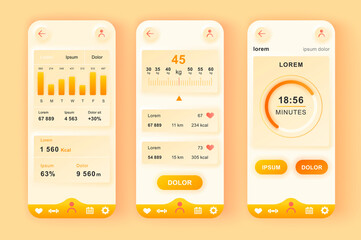 Fototapete - Fitness workout unique neomorphic design kit. Personal trainer app with activity analytics, strength and cardio training. UI UX templates set. Vector illustration of GUI for responsive mobile app.