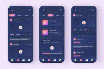 Fototapete - Video Tube unique neomorphic design kit. Video content streaming service, multimedia search and watch, online video platform. UI UX templates set. Vector illustration of GUI for responsive mobile app.