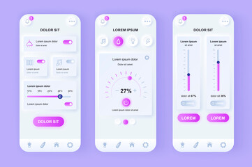 Aufkleber - Smart Home unique neomorphic design kit. Internet of things technology of home automation system. Remote control of house UI UX templates set. Vector illustration of GUI for responsive mobile app.
