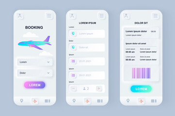 Aufkleber - Flight booking unique neomorphic design kit. Online air tickets search and reservation, departure and arrival destinations, airfare. UI UX templates set. Vector illustration of GUI for mobile app.