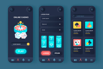 Online Casino unique neomorphic design kit. Gambling games online platform, slot machine and roulette. Games of fortune UI UX templates set. Vector illustration of GUI for responsive mobile app.