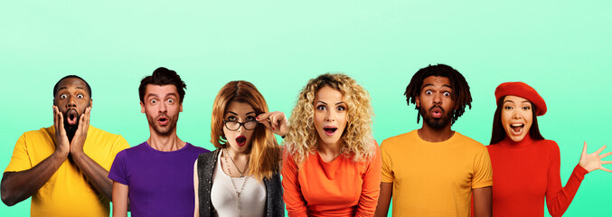 Wall Mural - people with wondered, surprised and happy expression are shocked for new revelation . light green ba