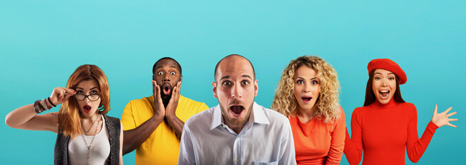 Wall Mural - people with wondered, surprised and happy expression are shocked for new revelation . cyan backgroun