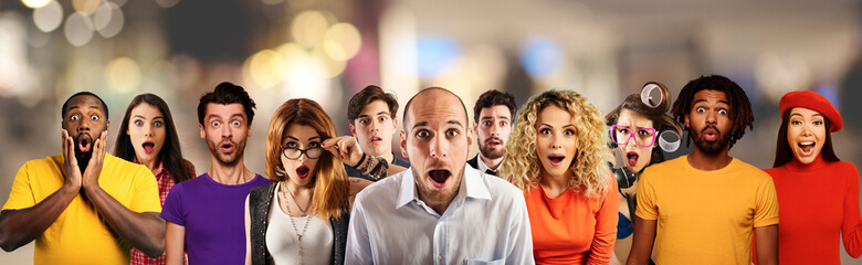 Wall Mural - people with wondered, surprised and happy expression are shocked for new revelation in a shopping ce