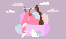 Website Illustration. A Dark-skinned Girl With A Kitten Looks Through A Spyglass. Search For The Site, Concept Of SEO Or Search Engine Optimization.