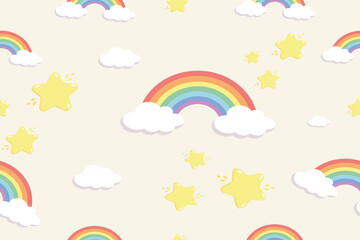 
seamless pattern with rainbow and clouds and stars