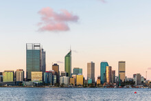 Australia, Perth, Downtown Skyscrapers Seen Across Swan River At Sunset