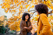 © Manu Reyes/Westend61 - Cheerful woman talking with friend while sitting under tree during autumn