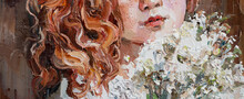 Portrait Of A Young Red-haired Girl Holding Flowers. Fragment Of Oil Painting On Canvas.