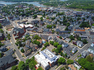 Aerial view of Historic buildings on Cabot Street in historic city center of Beverly, Massachusetts MA, USA. 