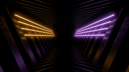 Wall Mural - Sci Fy neon lamps in a dark tunnel. Reflections on the floor and walls. 3d rendering image.