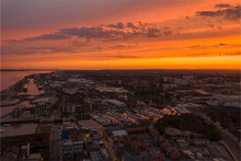 Aerial View Of Hull Cityscape Along The Humber River At Sunset, Kingston Upon Hull, United Kingdom.
