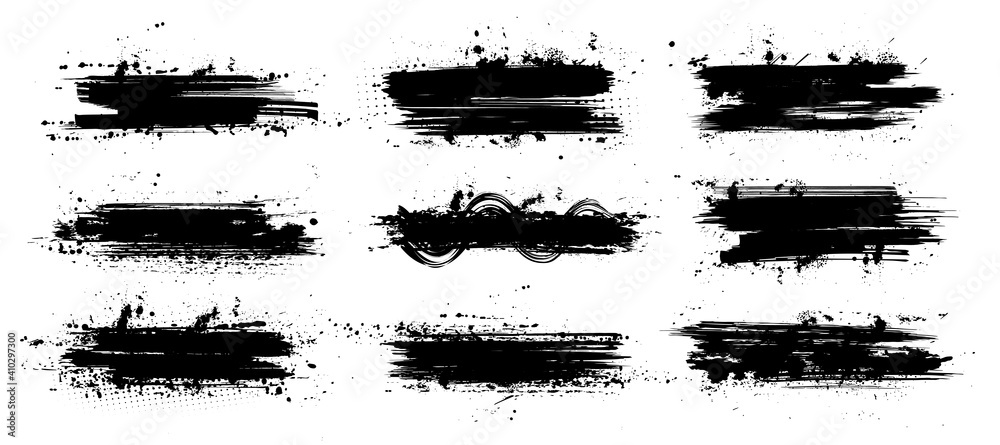 Ink paintbrush template with splashes. Vector collection black grunge paintbrush, ink brush stroke. Dirty artistic design elements. Inked splatter, dirt stain, splatter, brush with drops blots. Vector - obrazy, fototapety, plakaty 