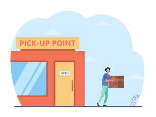 Poster - customer carrying box from delivery service office. pickup point, person receiving parcel, receiver.