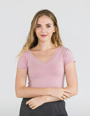 Portrait of a cute and charming woman pose to camera with self confident on white background