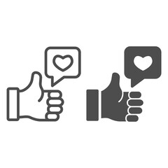 Poster - Thumb Fist and Heart chat bubble line and solid icon, startup concept, Like hand sign on white background, Like gesture symbol in outline style for mobile concept and web design. Vector graphics.