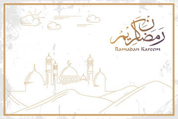 Wall Mural - Ramadan Kareem greeting banner design with mosque line art on grunge background. Vector illustration