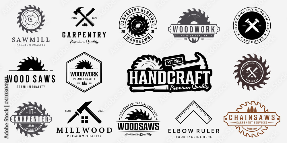 Set Bundle Carpentry Vector Logo, Design Illustration Carpenter Vintage Line Art, Hammer Steel Saws Concept - obrazy, fototapety, plakaty 