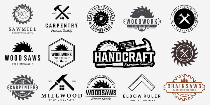 Set Bundle Carpentry Vector Logo, Design Illustration Carpenter Vintage Line Art, Hammer Steel Saws Concept