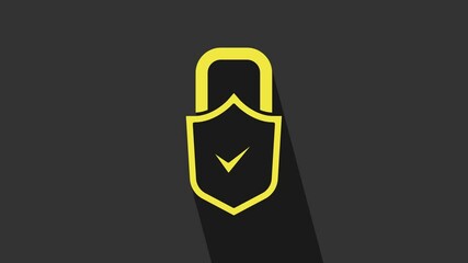 Poster - Yellow Open padlock and check mark icon isolated on grey background. Cyber security concept. Digital data protection. Safety safety. 4K Video motion graphic animation