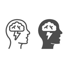 Poster - Human head with brain and lightning line and solid icon, startup concept, brainstorm and ideas sign on white background, Human head brainstorming icon in outline style for mobile. Vector graphics.