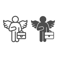 Poster - Man with wings and bag line and solid icon, startup concept, business angel sign on white background, investor icon in outline style for mobile concept and web design. Vector graphics.