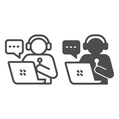 Poster - man with microphone and headphones behind laptop line and solid icon, startup concept, call center o