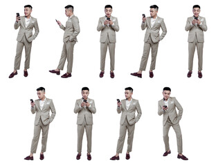 Collage photo of business man was holding smart phone with different expression and gesture isolated on white background.