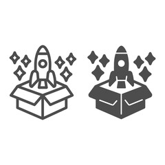 Poster - Product packaging and rocket with stars line and solid icon, startup concept, Product release sign on white background, New product launch icon in outline style for mobile and web. Vector graphics.