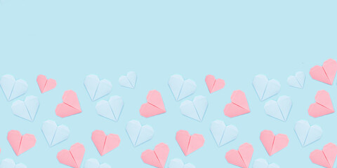Wall Mural - Blue background with origami paper hearts. Valentine's day, mother's day, wedding, love concept