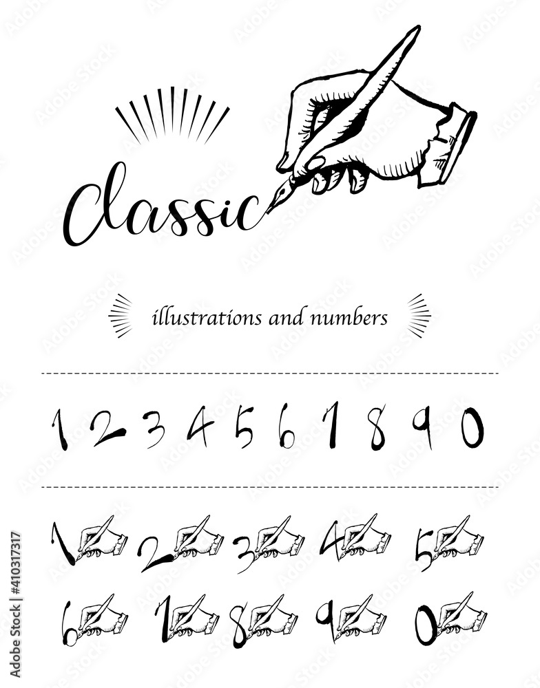 Plakat アンティーク クラシックなイメージの数字と手のベクターイラスト Wektor Ilustracja Pisma Fototapety Foteks