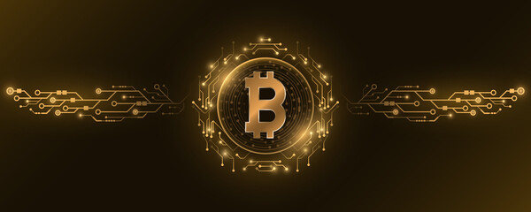 Poster - Futuristic golden Bitcoin digital currency. Big CPU data. Concept of cryptocurrency mining. Sci-fi design blockchain for graphic design. Computer circuit board. Vector illustration.