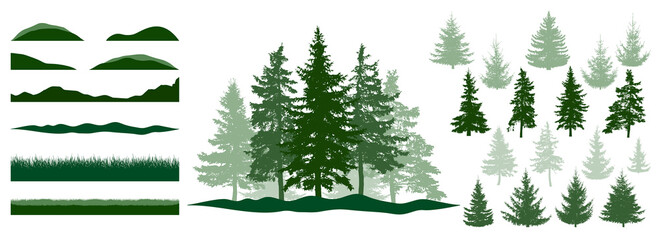 Wall Mural - Forest, constructor kit. Silhouettes of beautiful spruce trees, grass, hill. Collection of element for create beautiful forest, park, woodland, landscape. Vector illustration.