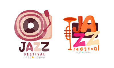 Poster - Jazz Festival Logo Design Set, Musical Event Labels Cartoon Vector Illustration