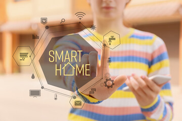 Sticker - Woman using application of smart home automation outdoors