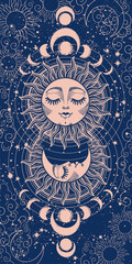 Wall Mural - modern mystical card sun with face and crescent moon on blue background. heavenly frame for astrolog