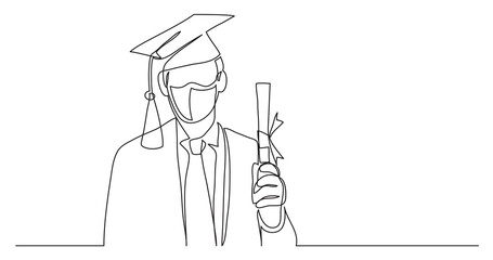 happy graduate wearing face mask with diploma - continuous line drawing