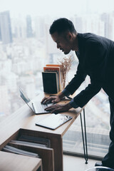 Wall Mural - businessman person working from home with computer laptop on online cyberspace technology