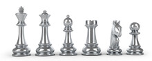 Set Of Silver Chess Pieces Isolated On White Background. 3d Illustration.