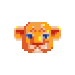 Poster - tiger cub head in the shape of a square pixel art icon. Element design for stickers, logo, embroidery, mobile app. Isolated vector illustration.