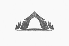 Silhouette Of Tent Located On Campsite Near Coniferous Forest In Countryside Hand Drawn Stamp Effect Vector Illustration